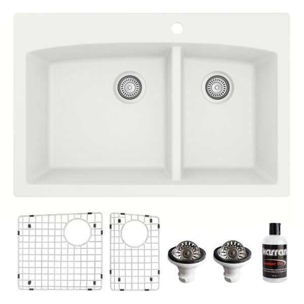 slide 2 of 59, Karran Drop-In Quartz 33 in. 1-Hole 60/40 Double Bowl Kitchen Sink Kit White