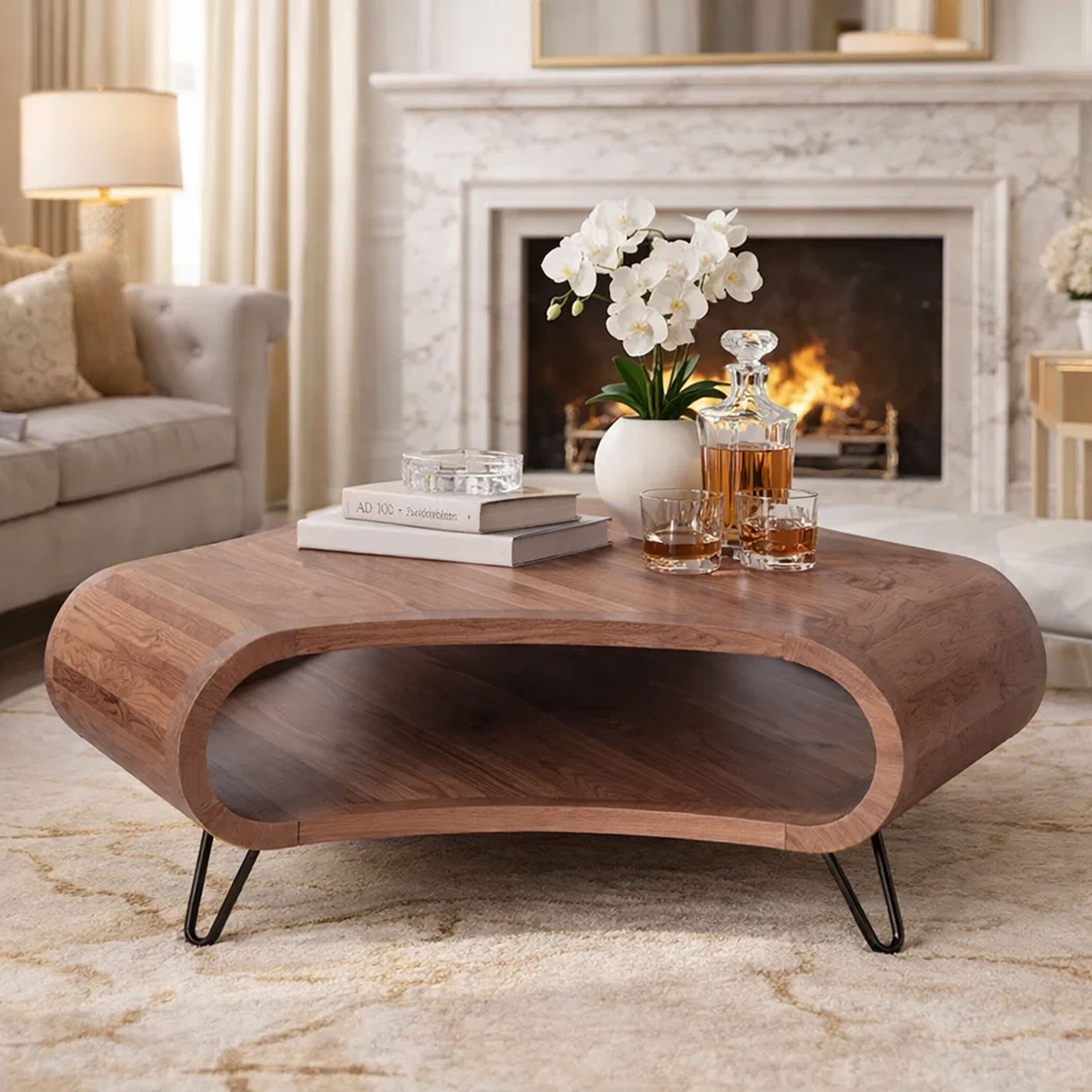 37 Inch Coffee Table, Handcrafted Curved Hexagon Shape with Open