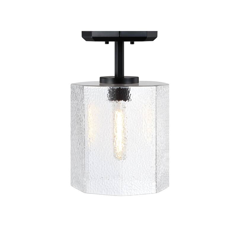 Haven 10 in. Matte Black Modern Semi-Flush Mount with Clear Rippled Glass Shade for Hallways