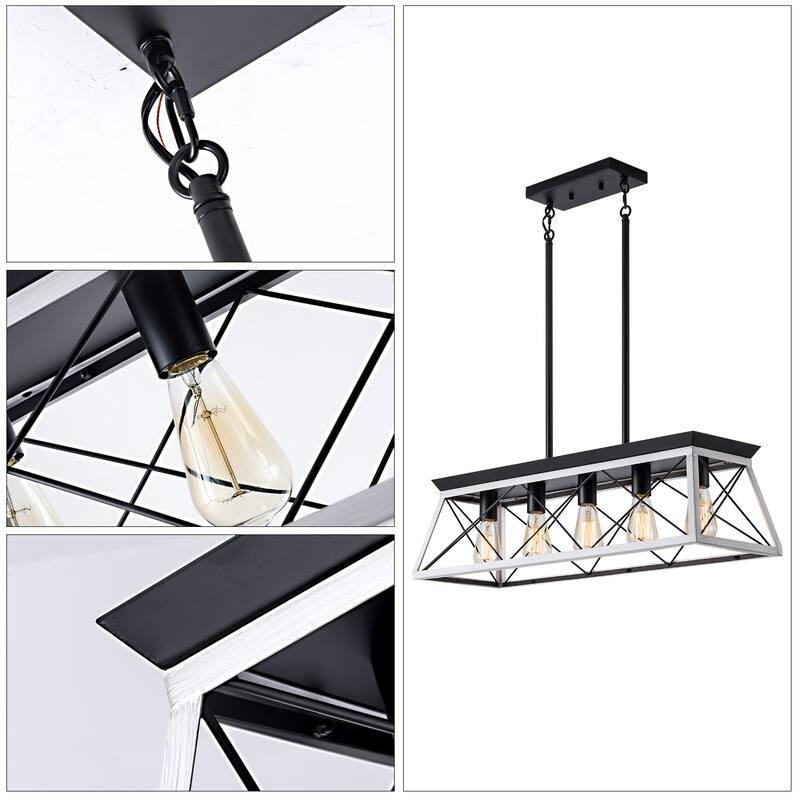 Anmytek Modern Industrial 5 Light Geometric Cage Pendant Light Kitchen Island Dining Room Black White Adjustable (No Bulbs)
