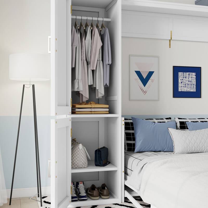 Queen Size Murphy Bed with Wardrobe Built-in Clothes Bar and Shelves,Space-Saving Hidden Wall Bed with Desk and Charging Station