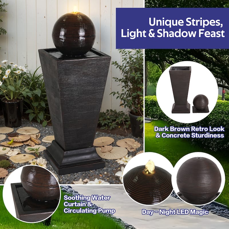 35.5"H Dark Brown Concrete Tall Column Fountain-LED Light Retro Outdoor Oasis, Durable Decor Feature