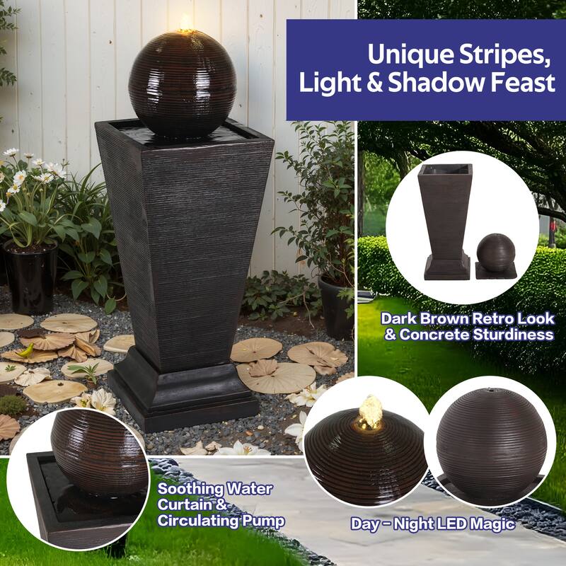 Roomfitters 35.5-Inch Tall Column Outdoor Fountain with Sphere Topper and LED Lights, Concrete Retro Garden Oasis, Dark Brown
