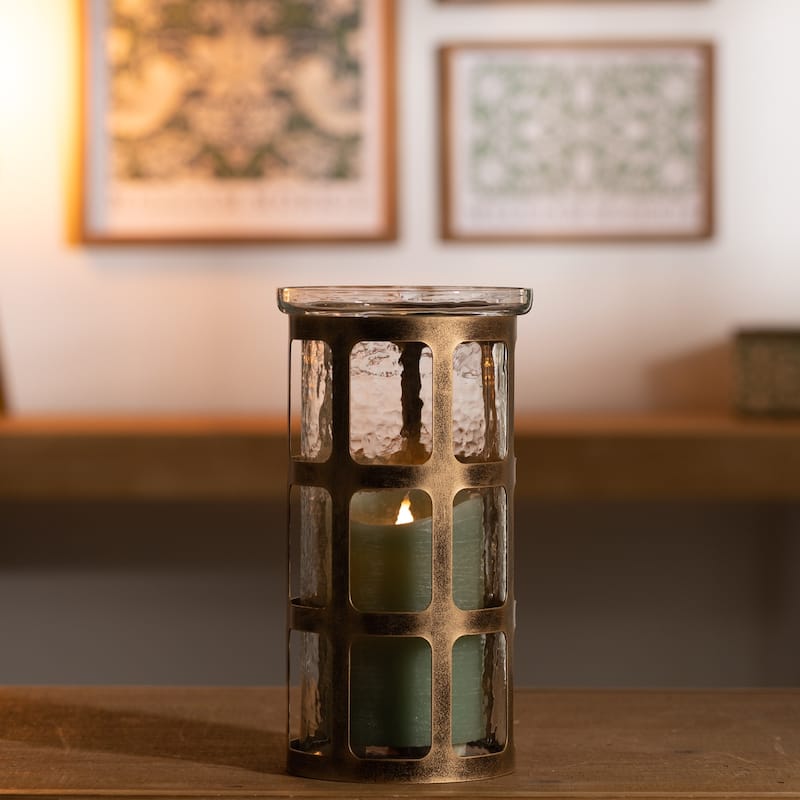 Wavy Glass Candle Holder with Distressed Metal Frame 10"H