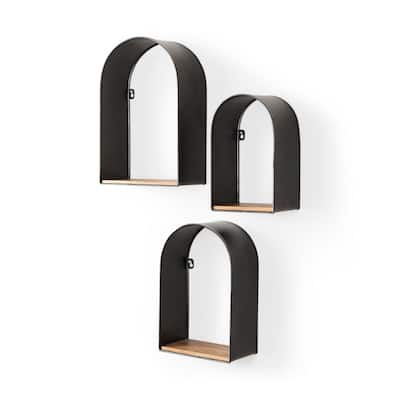 Finley Black Metal With Brown Wood Arched Wall Shelves (Set of 3)