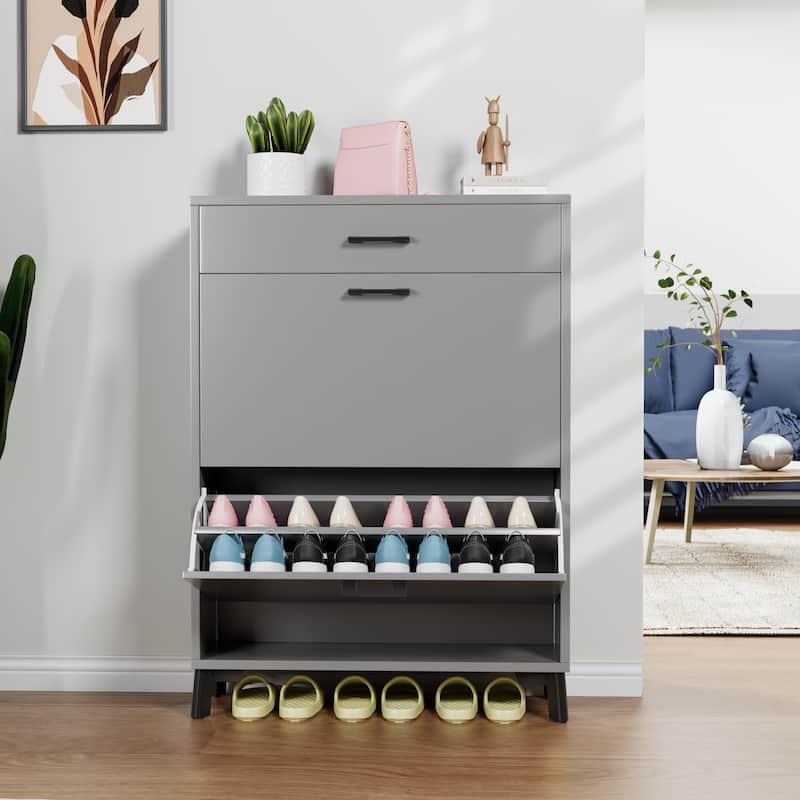 Shoe Storage Cabinet for Entryway, Free Standing Shoe Organizer with 2 Flip Drawers, Hidden Shoe Rack Storage Organizer - Gray