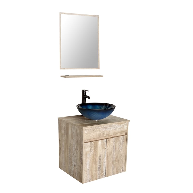 24" Bathroom Vanity Set Tempered Glass/ Ceramics Sink Combo Wall Mounted Natural Cabinet Faucet Drain Mirror