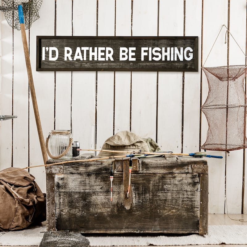 American Art Decor I'd Rather Be Fishing Wood Novelty Wall Sign - 36" x 8" - 36" x 8"