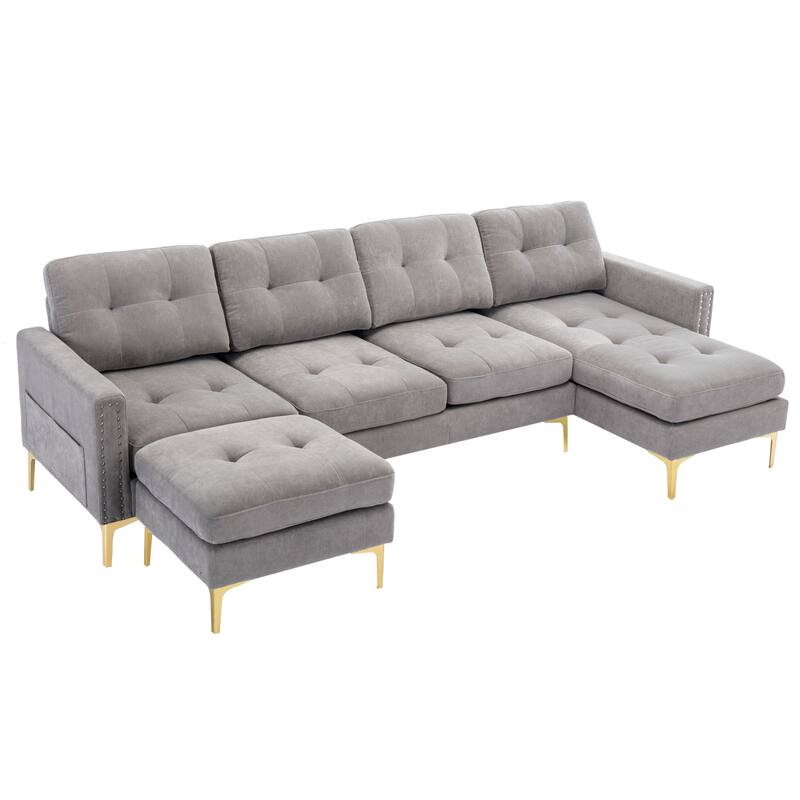 Convertible L-Shaped Velvet Sectional Sofa with Movable Ottoman and Gold Metal Legs for Living Room
