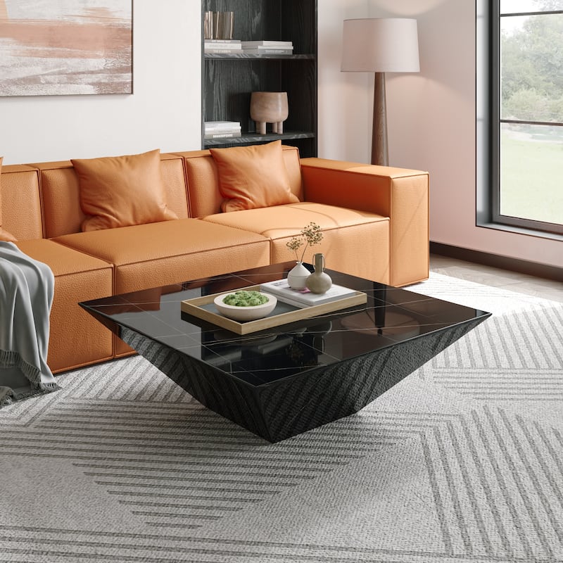 Modern Square Coffee Table, Trapezoid White Sintered Stone Coffee Table, Fully-assembled - 39.37 - Black