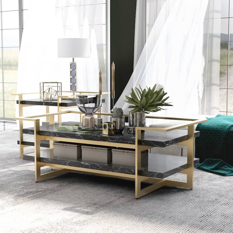 Lovell Glam Gold and Black Faux Marble 2-Piece Table Set with Shelf by Furniture of America