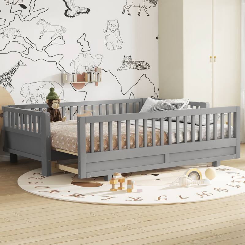 Roomfitters Convertible Floor Bed, Expandable Solid Wood Platform Frame - Grey - Twin XL