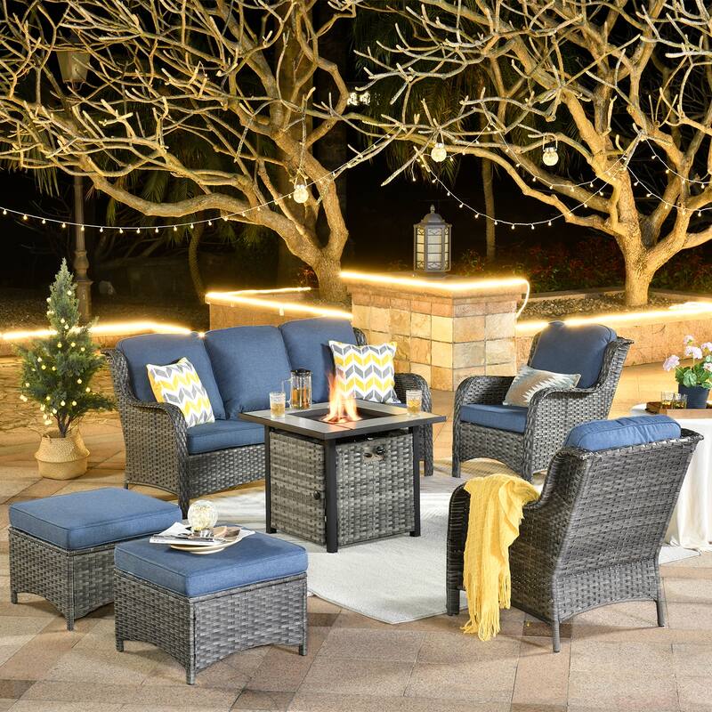 OVIOS Grey Wicker 6-piece Patio Furniture Set With 30" Fire Pit - Blue