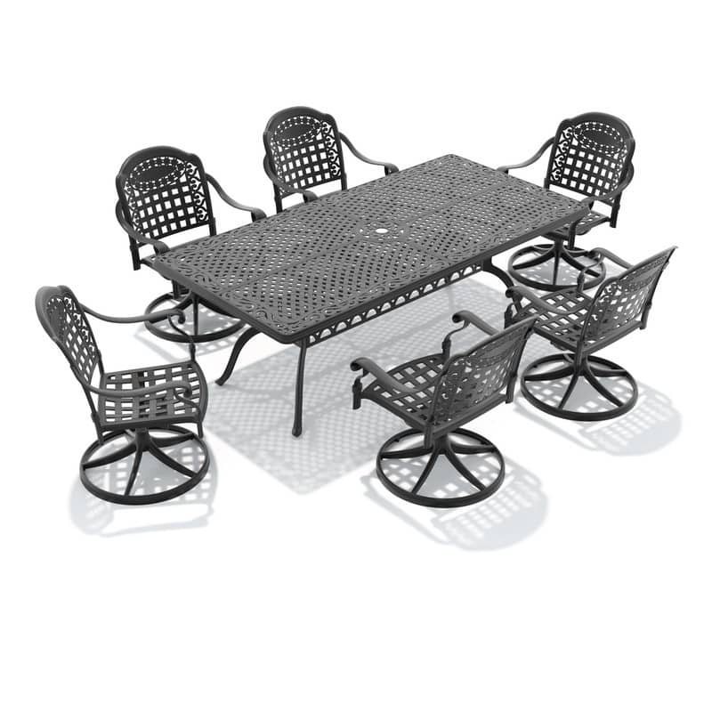 7-Piece Aluminum Rectangular Outdoor Patio Dining Set, 6 Cushioned Swivel Chairs, Table, All-Weather Frames