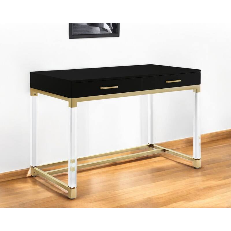HomeRoots 48" Black Clear and Gold Wood Acrylic and Stainless Steel Writing Desk With Two Drawers - Clear/Gold