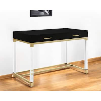 HomeRoots 48" Black Clear and Gold Wood Acrylic and Stainless Steel Writing Desk With Two Drawers