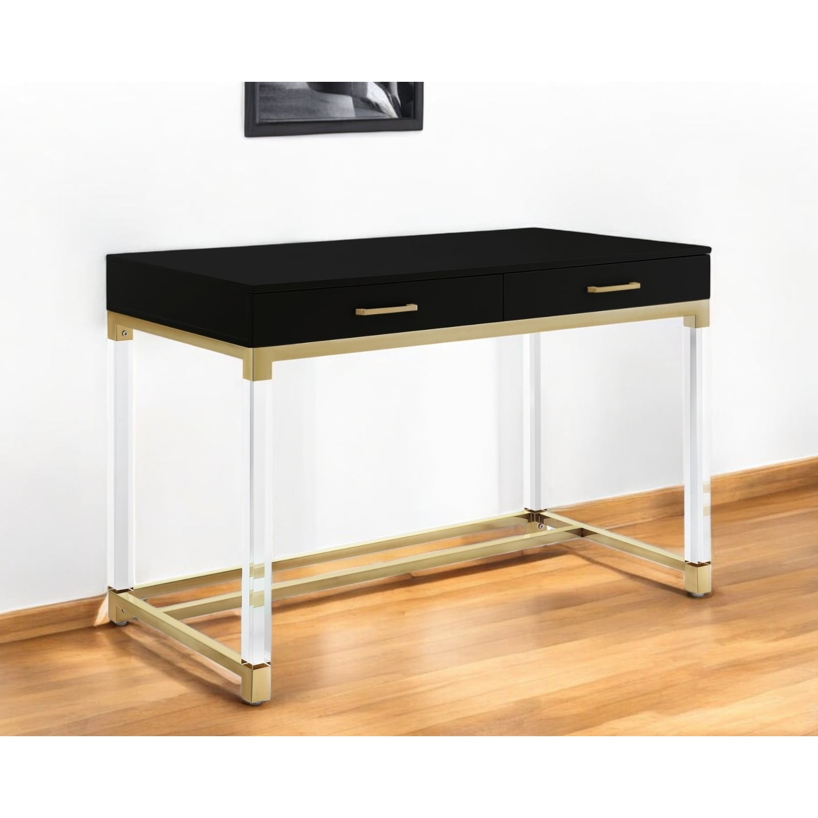 HomeRoots 48" Black Clear and Gold Wood Acrylic and Stainless Steel Writing Desk With Two Drawers