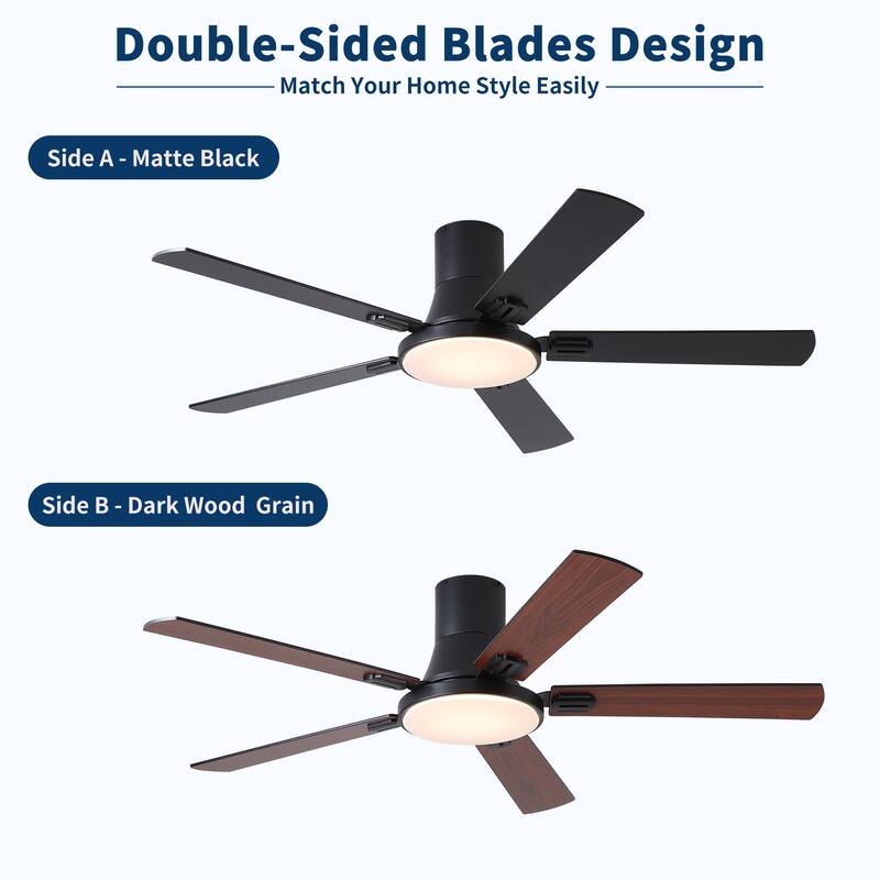 52 Inch Modern Minimalist Flush Mount Ceiling Fan with Light, Reversible DC Motor, Remote, Double-Sided Blades