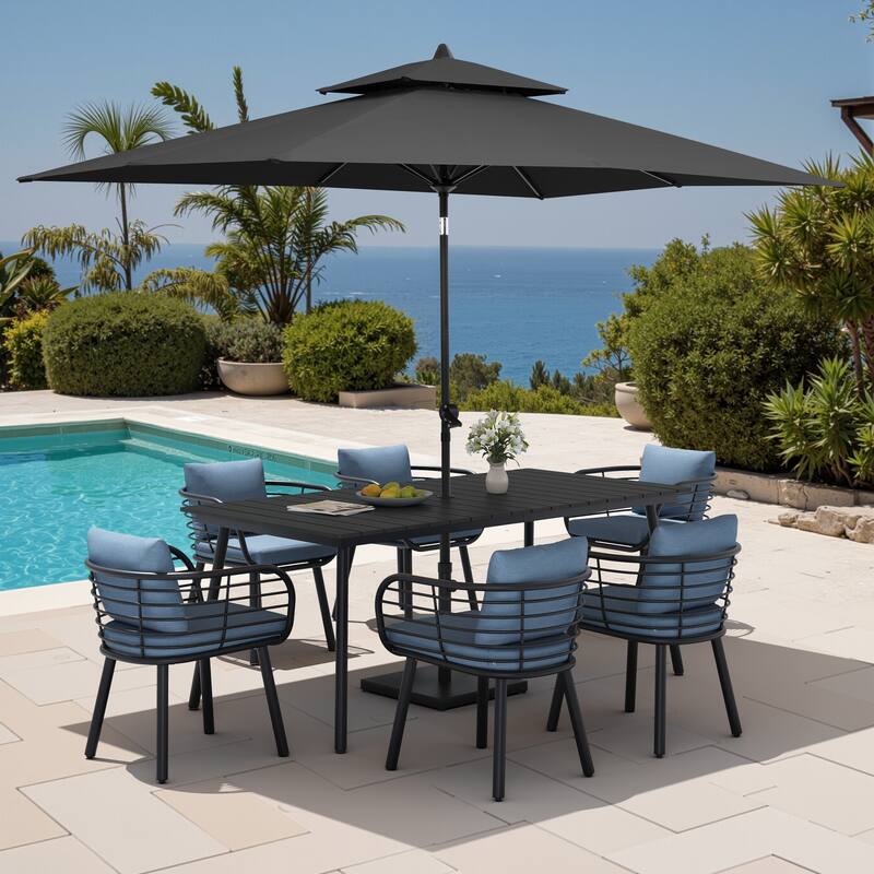 9PC Outdoor Patio Dining Set Aluminum Table with Sunbrella Cushion Chairs w/ Market Umbrella Sets