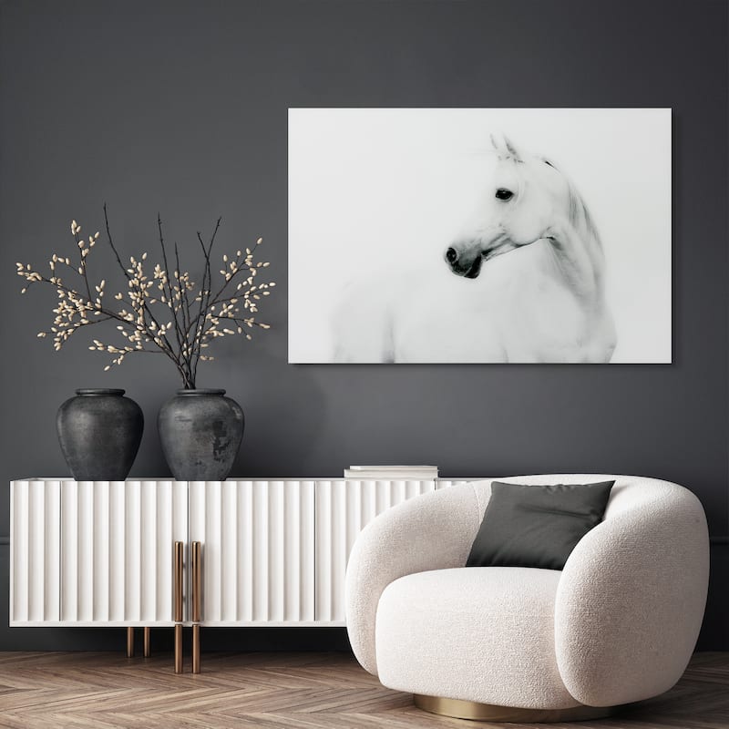 White Horse Frameless Free Floating Tempered Art Glass Wall Art