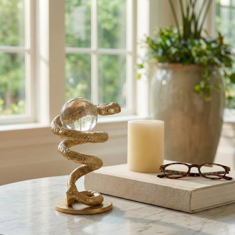 Modern Fake Snake Figurine Sculpture - 7", Gold & Metallic - 7.0"