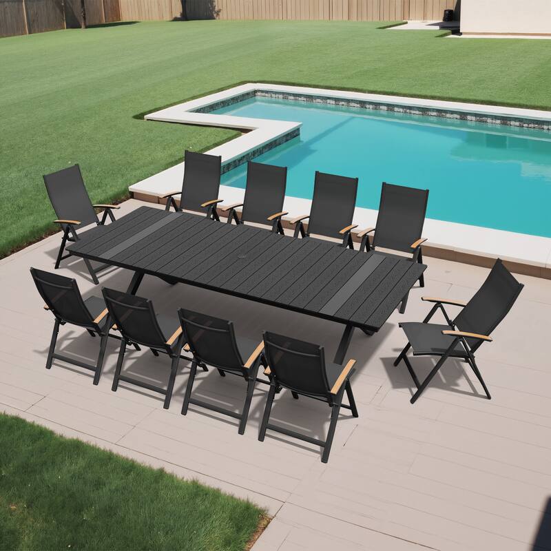 11-Piece Set Outdoor Aluminum Dining Table with Umbrella Hole and Foldable Chairs - Black