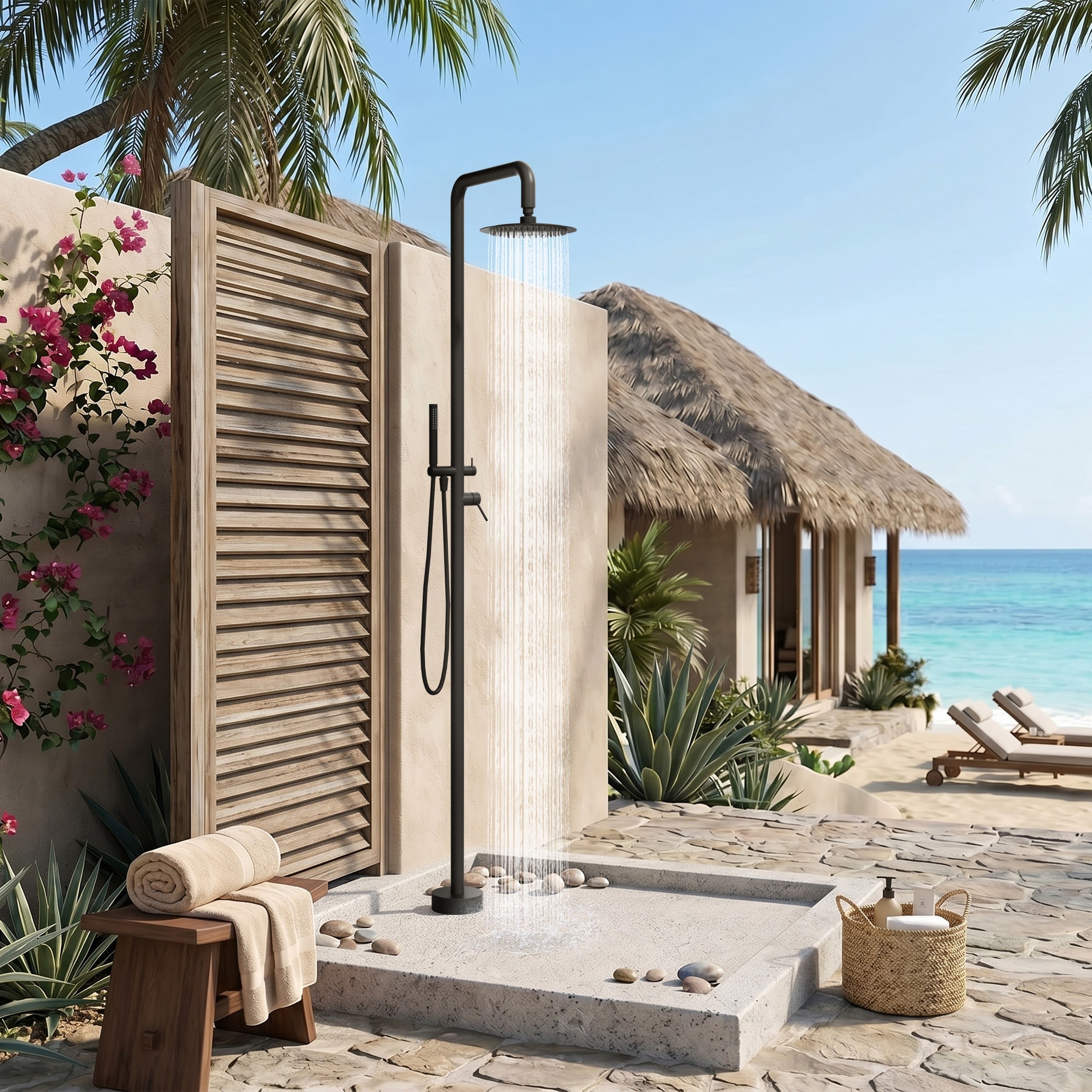 88''H Freestanding Outdoor Shower 316 Stainless Steel Pool Faucet with Handheld, 1.8 GPM CEC Compliant, Black / Nickel.