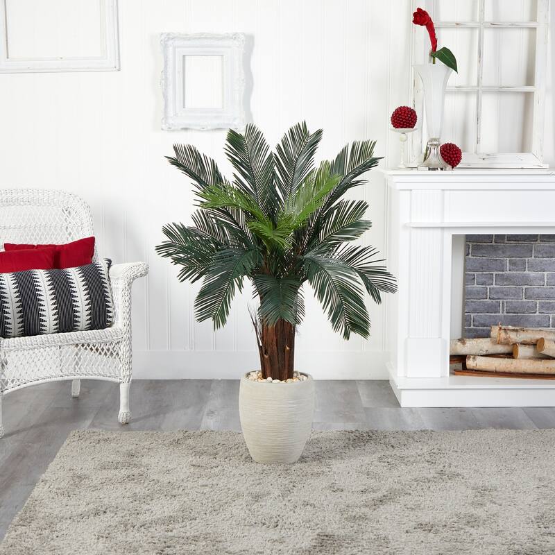 4.5ft Cycas Artificial Tree in Oval Planter with UV Resistant Green Fronds for Living Room or Patio Tropical Decor