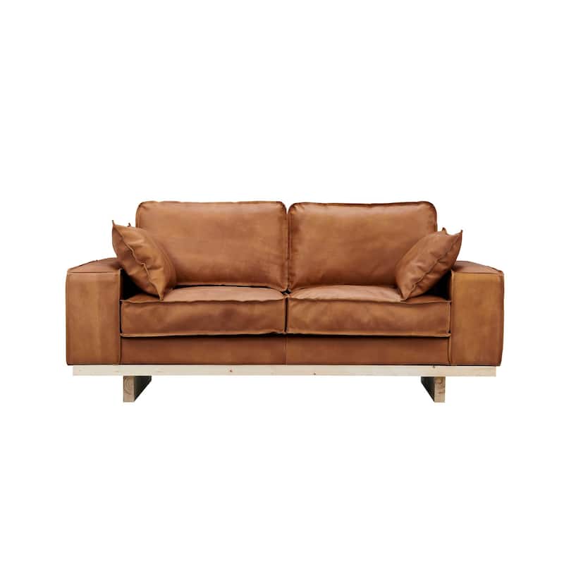 Wainscot Top Grain Leather Love Seat - Light Chestnut