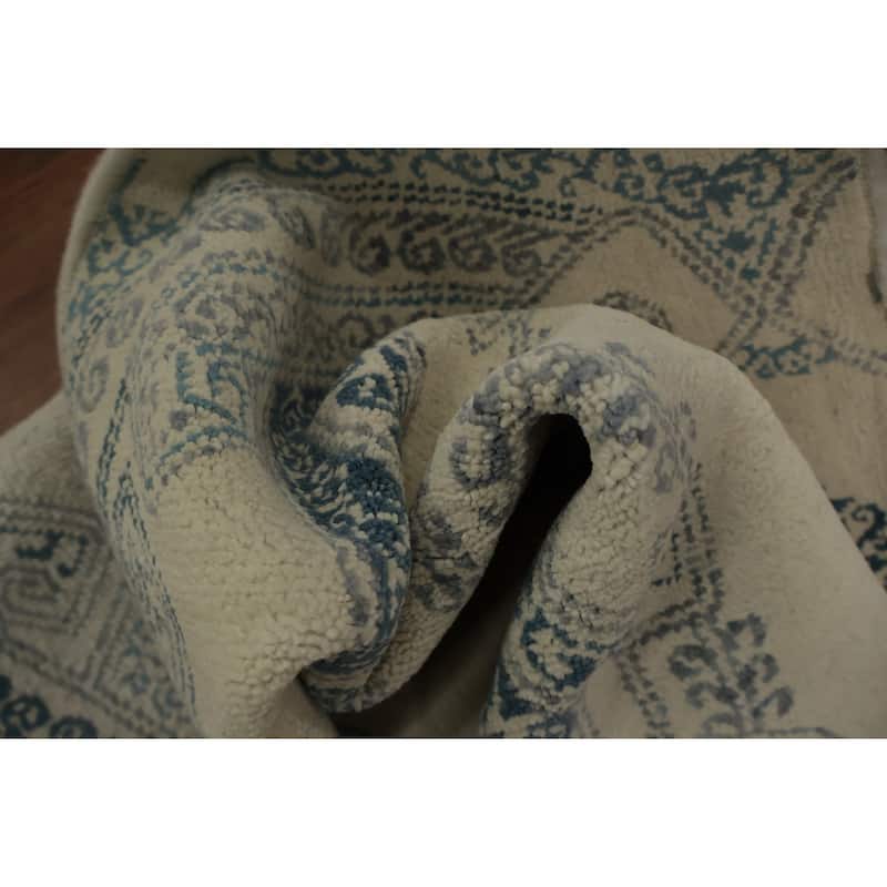 Hand Knotted Oriental 100% Wool Carpet Modern Geometric Beige & Ivories Contemporary Runner Rug - 9' 0'' X 2' 3''