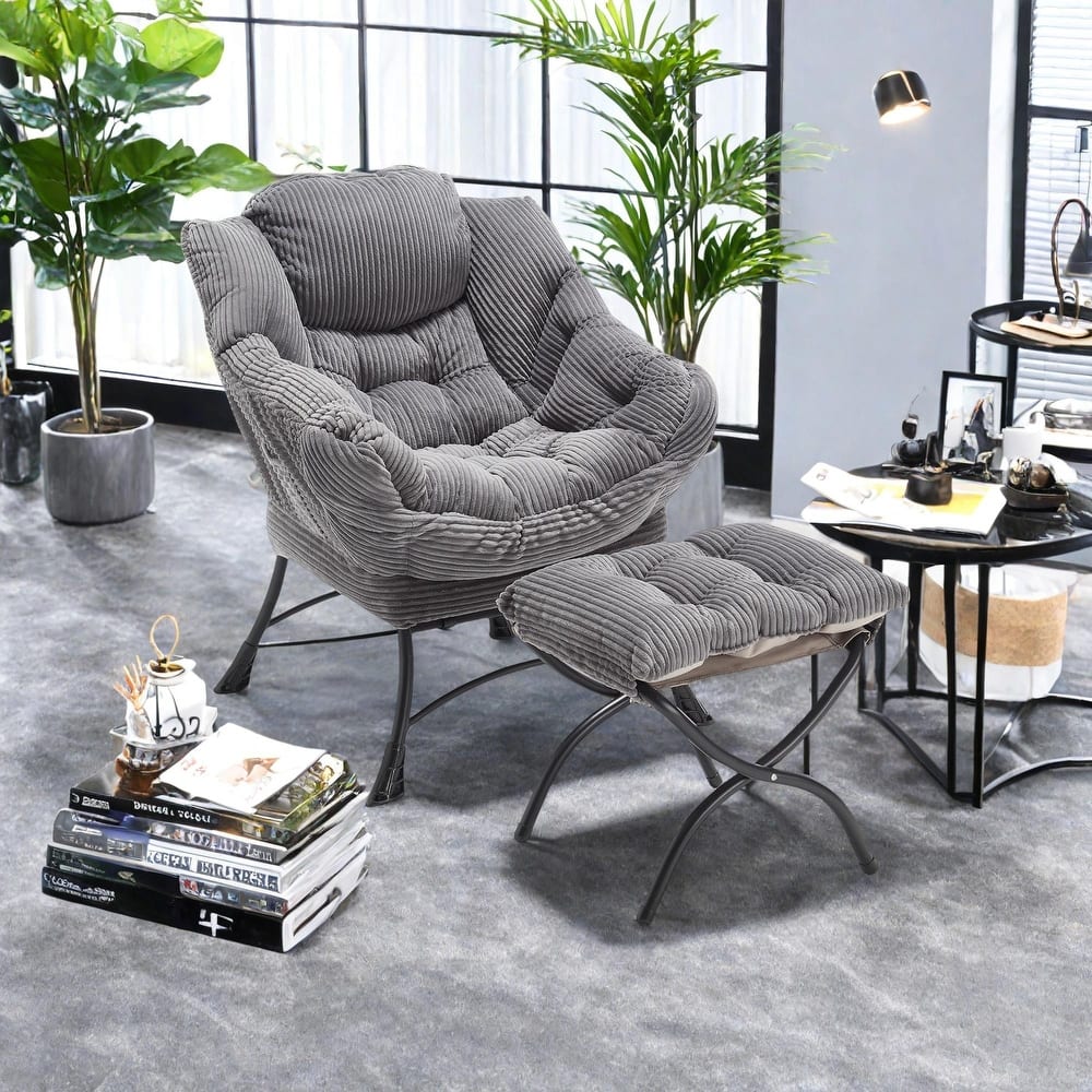 Cotton Lazy Chair with Ottoman, Modern Lounge Accent Chair with Armrests, Side Pocket, and Sturdy Steel Frame
