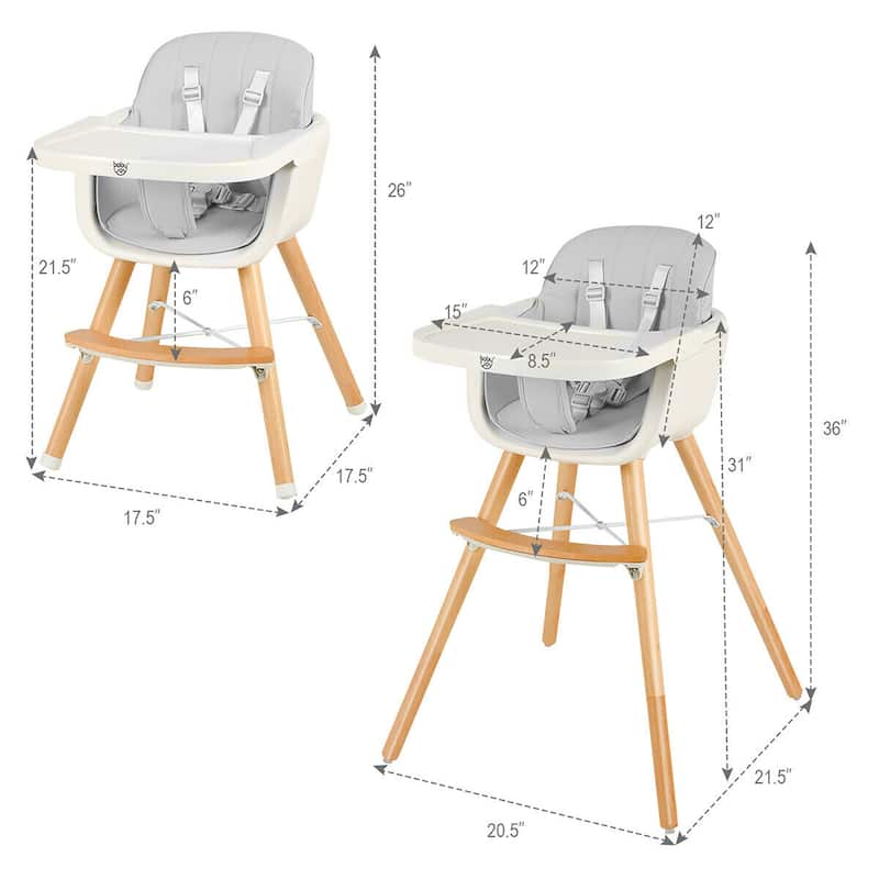 Babyjoy 3 in 1 Convertible Wooden High Chair Toddler Feeding Chair - 20.5" x 21.5" x 36"