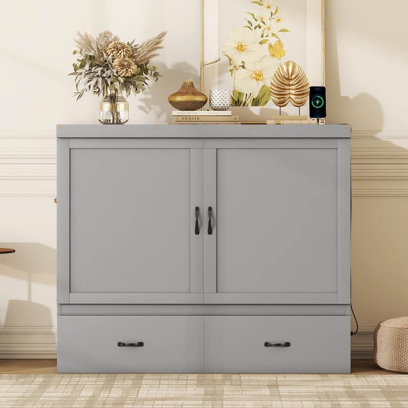 Murphy Bed with USB Port and a Large Drawer,Queen/Full Size - Grey - Full