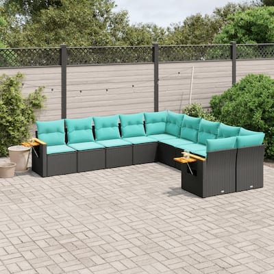 vidaXL 10 Piece Patio Sofa Set with Cushions Black Poly Rattan