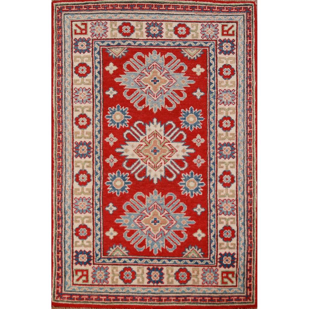 Traditional Kazak Foyer Rug Hand-Knotted Geometric Red Wool Carpet - 2'8"x 4'1"