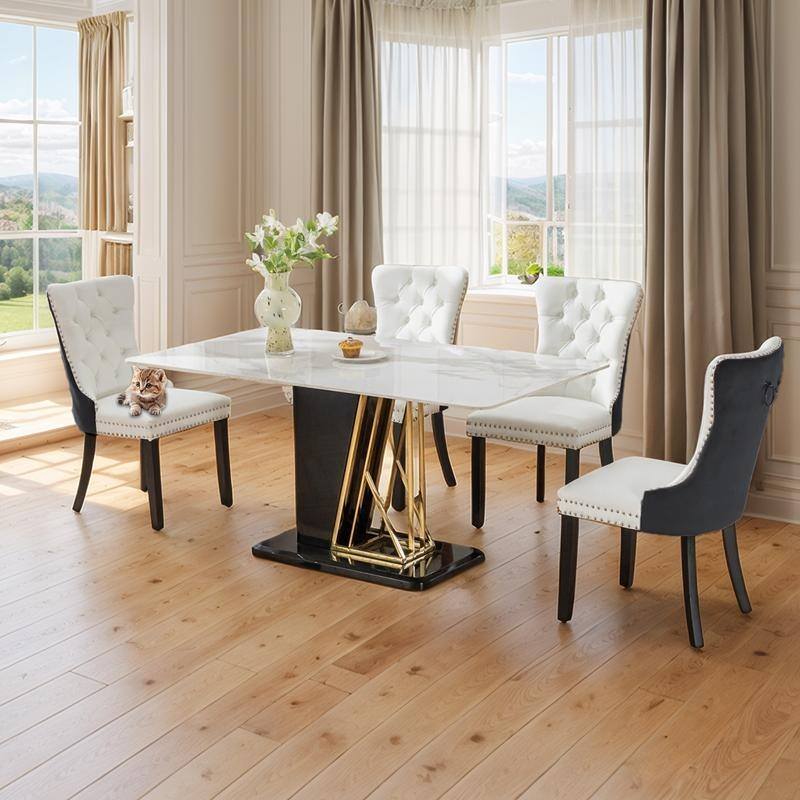 High-end Tufted Velvet Upholstered Nailhead Dining Chair Set of 4 - White Black