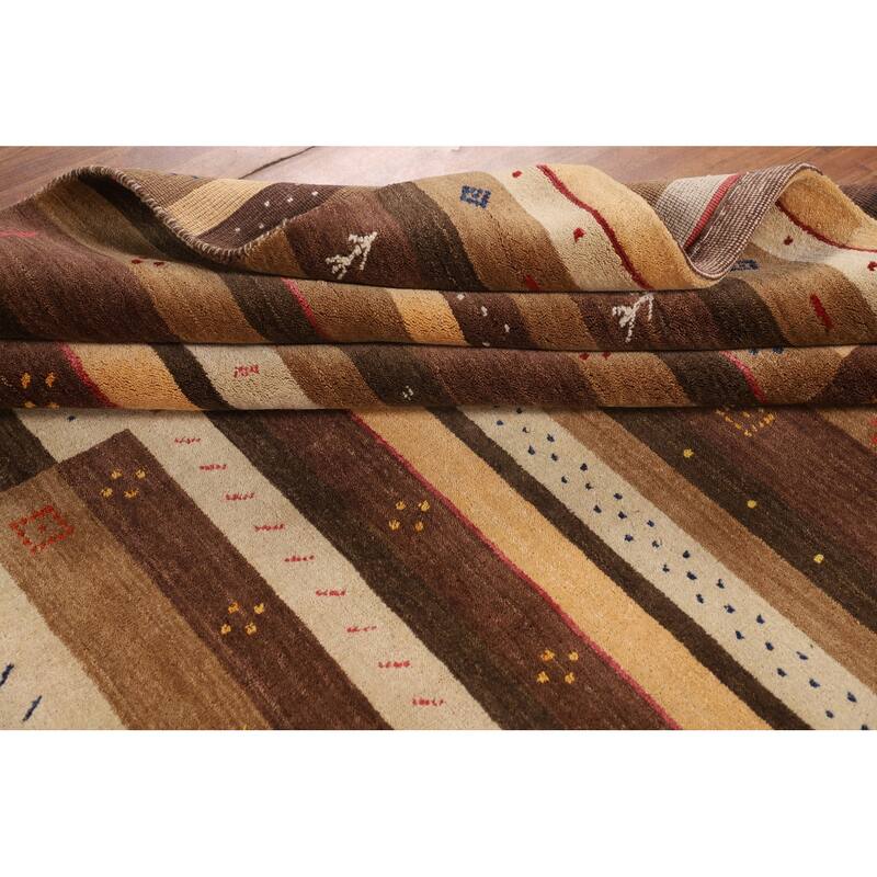 Striped Gabbeh Oriental Area Rug Hand-Knotted Brown Wool Carpet - 6'9" x 9'11"