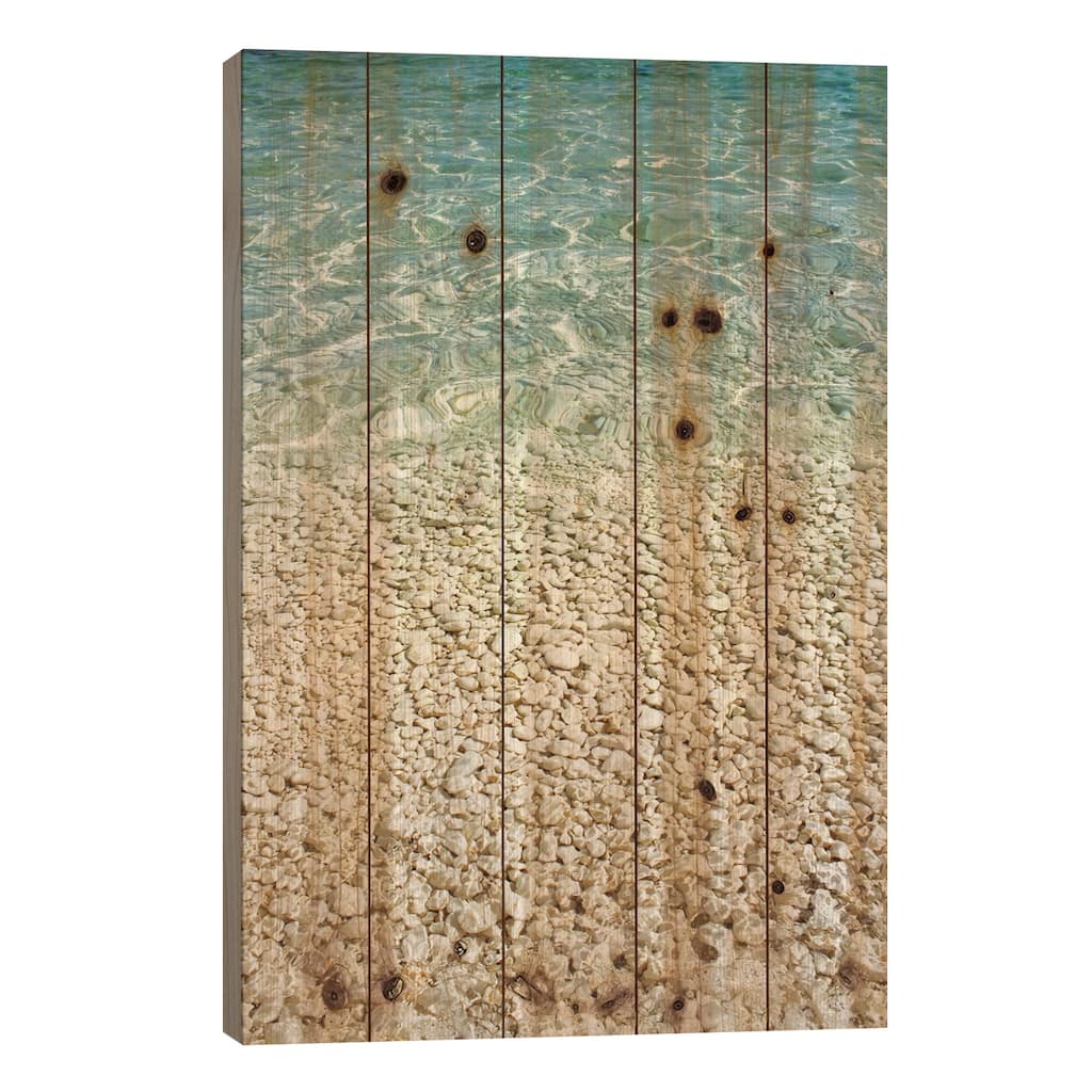 Aqua Blue Ocean And Golden Pebbles Print On Wood by Alyson Fennell - Multi-Color