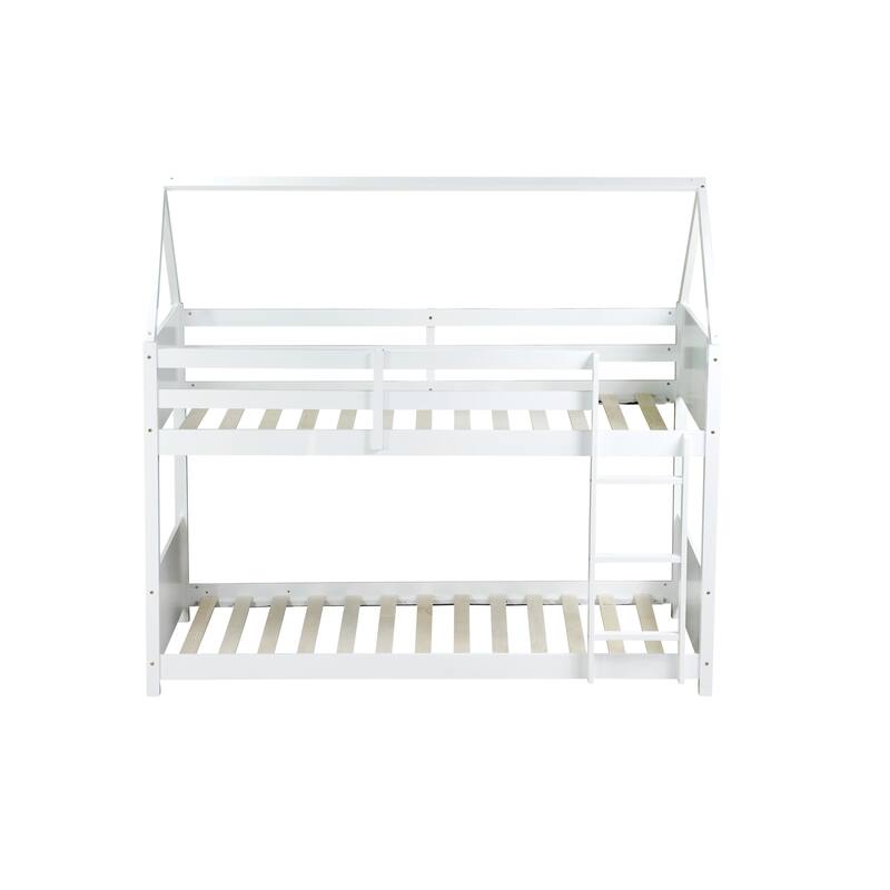 Twin Over Twin House Bunk Bed with Playful Roof Design Safety Guardrails & Ladder (250lb Capacity)