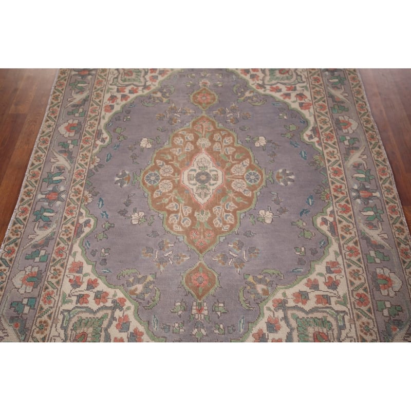 Distressed Blue Tabriz Persian Vintage Rug Hand-Knotted Wool Carpet - 4'7"x 6'1"