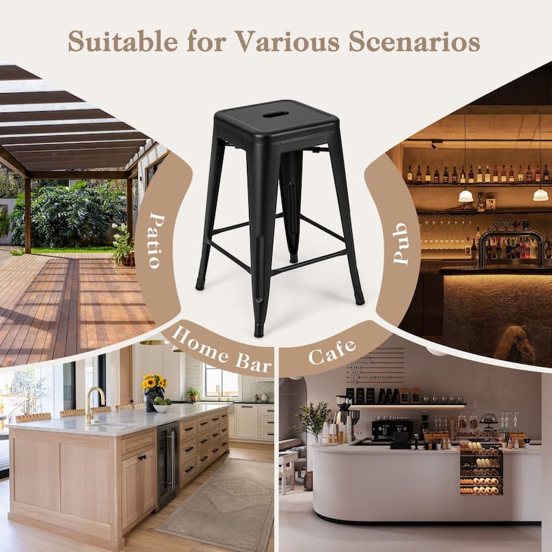 4-Piece 24" Space Saving Stackable Metal Bar Stools with Footrest for Kitchen or Patio - 16" x 16" x 24"