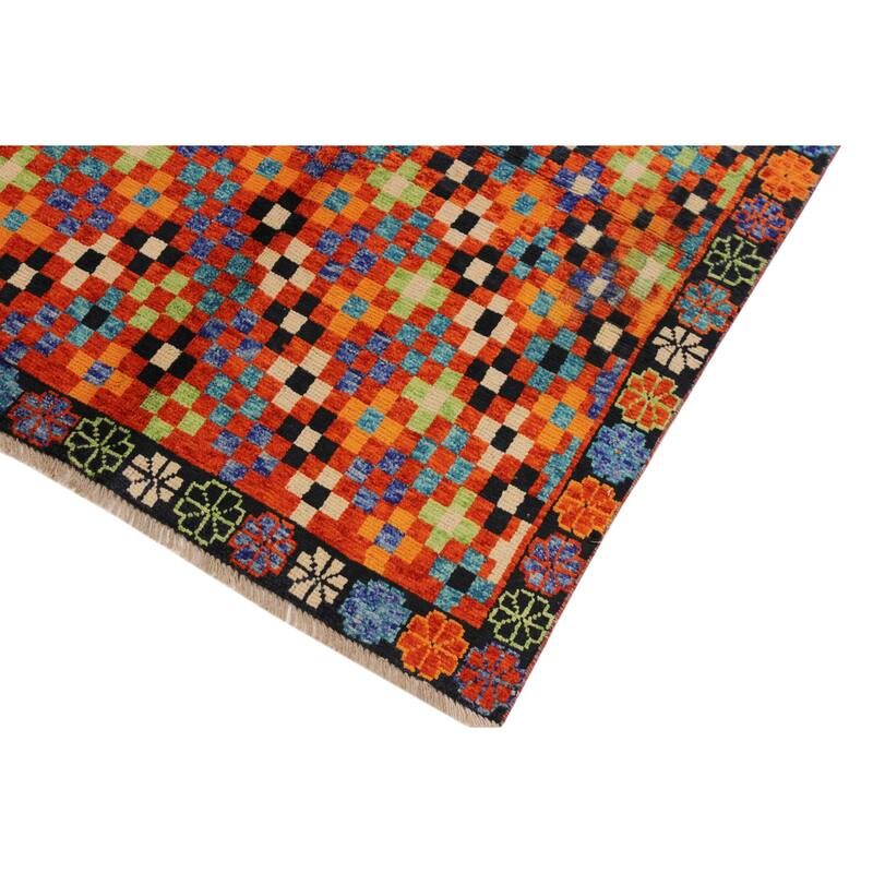 Modern Balochi Murray Orange/Black Hand Knotted Wool Rug - 4'9'' x 6'7''