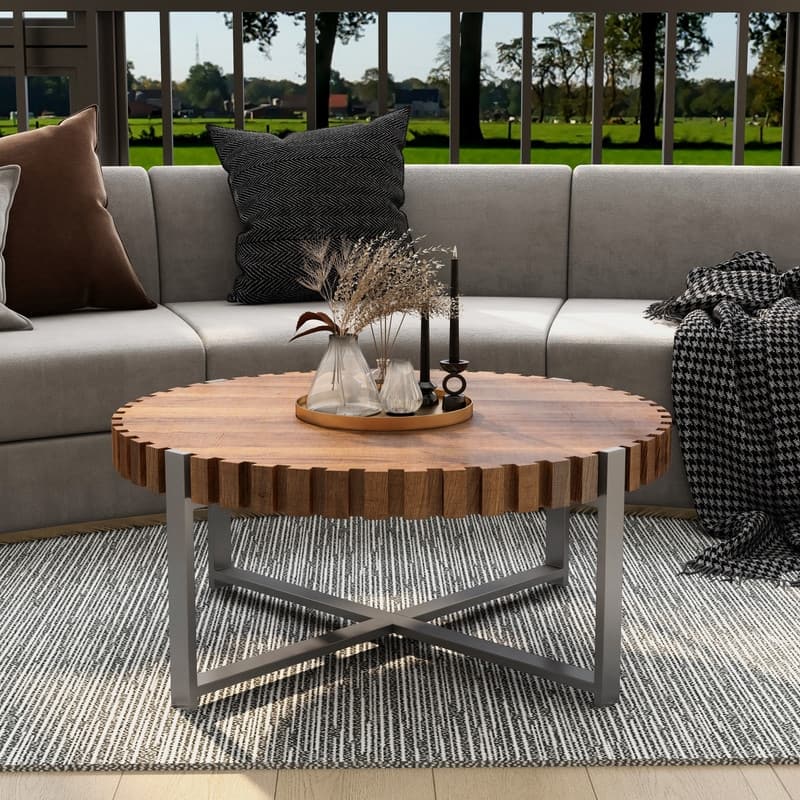 31.4-inch Modern Drum Shaped Wood Grain Coffee Table - Handmade Natural Wood Living Room Center Table