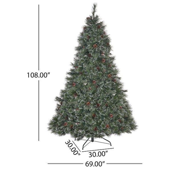 dimension image slide 1 of 3, 9-ft Faux Cashmere Pine, Spruce Pre-Lit/Unlit Artificial Christmas Tree with Snowy Branches Pinecones by Christopher Knight Home