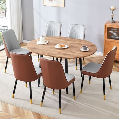7-Piece Modern Extendable Dining Table Set Wooden Kitchen Table with 6 Upholstered Chairs, Space-Saving Dining Table & Chair Set