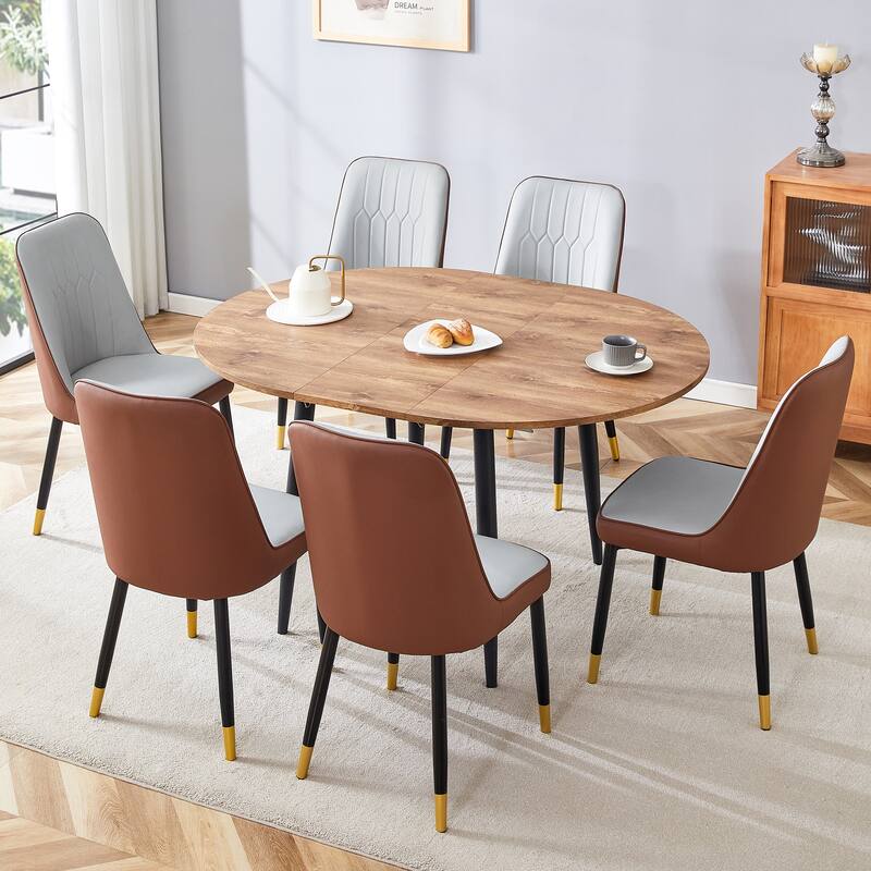 7-Piece Round Dining Set with Extendable Dining Table, Wood Kitchen Table Set with 6 PU Chairs for Dining Room
