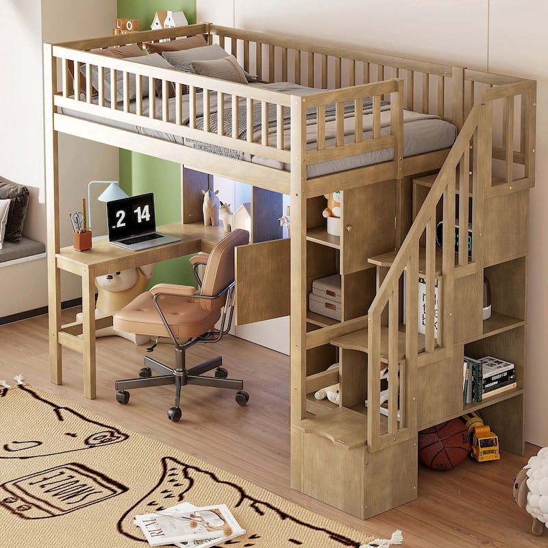 Wooden Twin Loft Bed with Built-in Desk, LED Lights, Storage Shelves, Cabinets & Staircase