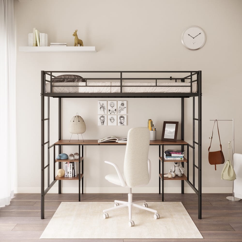 Black Twin Size Metal Loft Bed with Table and Shelves