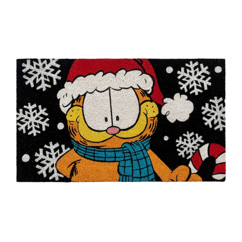 Licensed Paramount Garfield Santa Hat and Snowflakes Coir Door Mats, 2PK