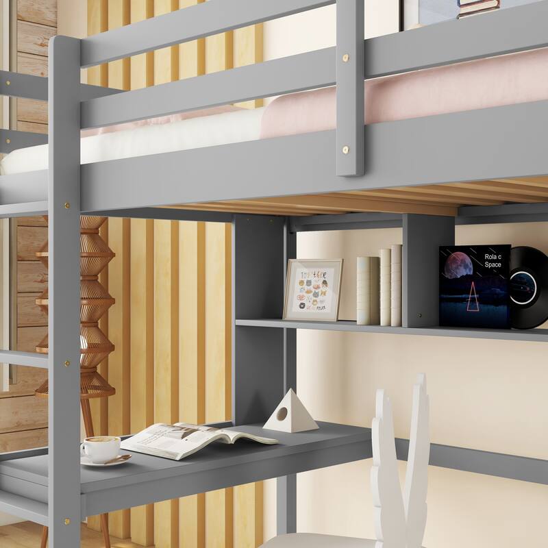 Grey Twin Size Wood Loft Bed with Desk and Shelves
